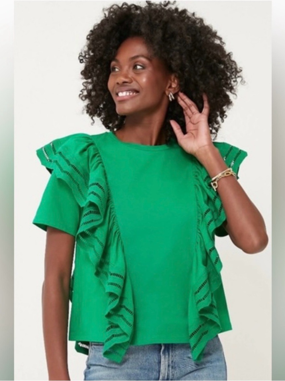 Women's Green Ruffle Sleeve Short-Sleeve Top